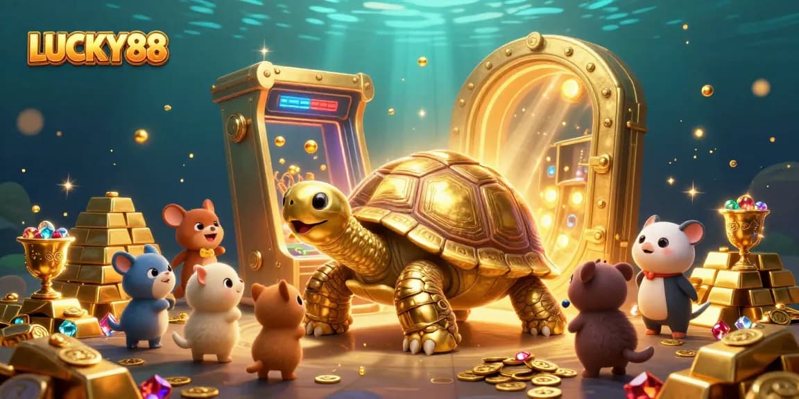 Experience the excitement of LUCKY88 with a vibrant 3D illustration of casino games and treasures.