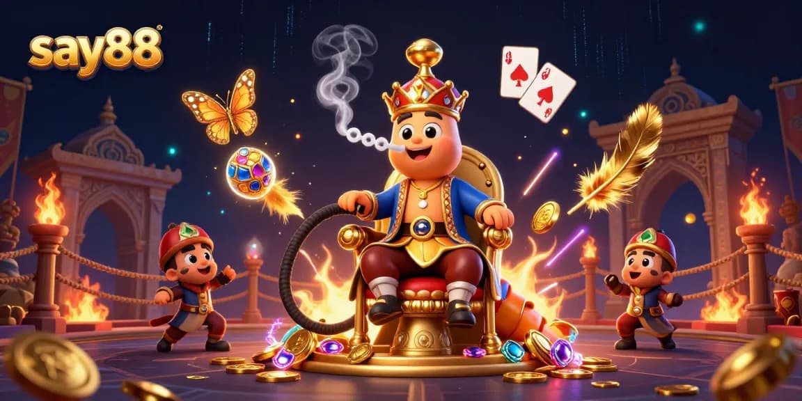 Engage with say88 at a colorful gambling scene featuring a whimsical caterpillar and a treasure of games.