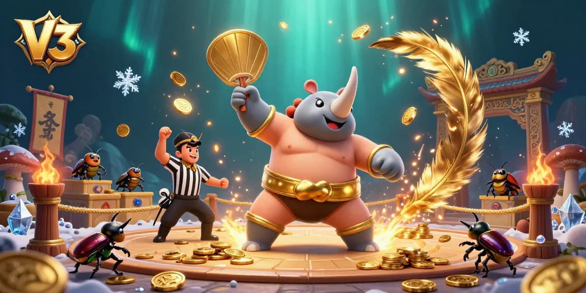 Experience V3 gaming action with a powerful beetle champion in a vibrant, detailed arena scene.