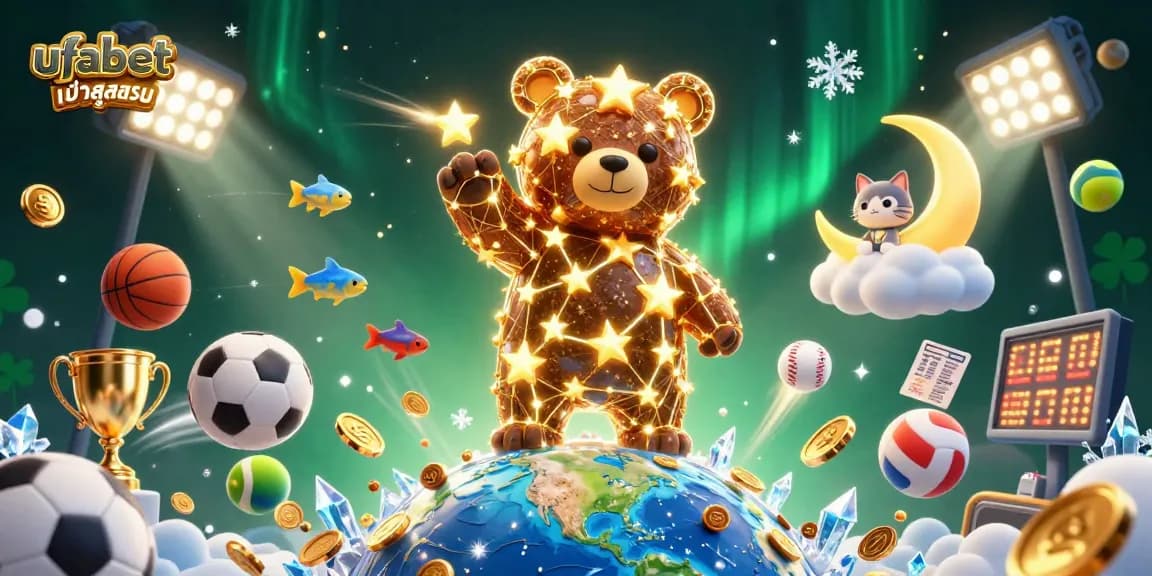 Engage with ufabet เข้าสู่ระบบ as the golden constellation bear scoops coins while sports elements animate the scene.