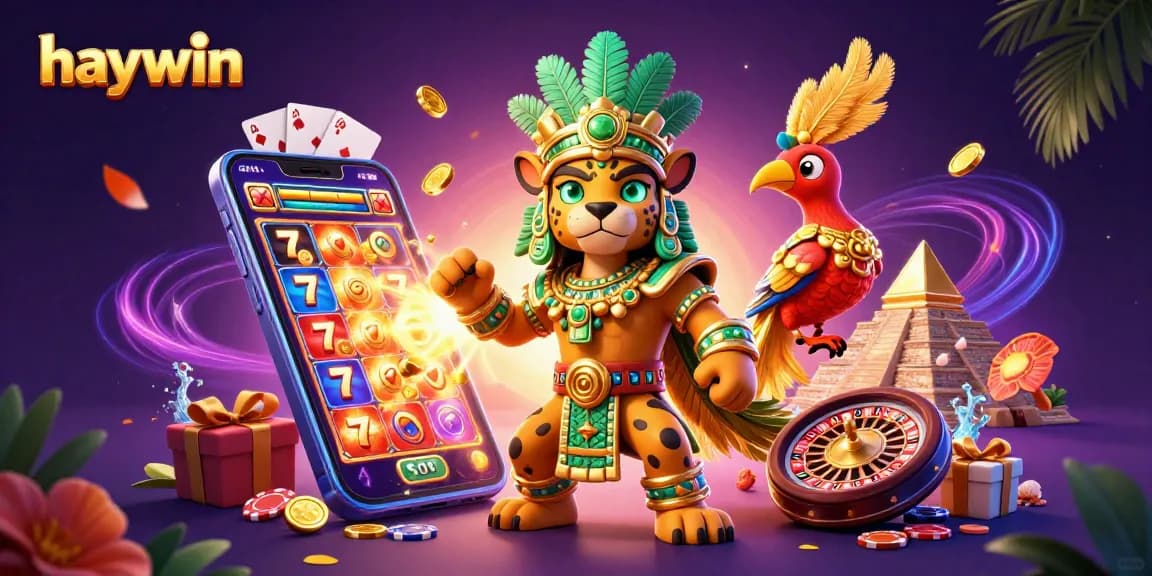 Experience excitement at Haywin with a stunning 3D illustration of gaming elements and characters.
