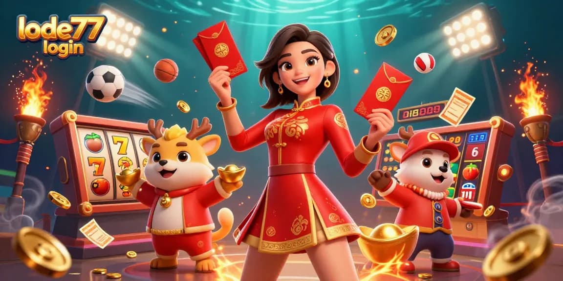 Engage with the vibrant scene showcasing lode777 login, featuring an Asian woman celebrating with slot reels and gold coins.