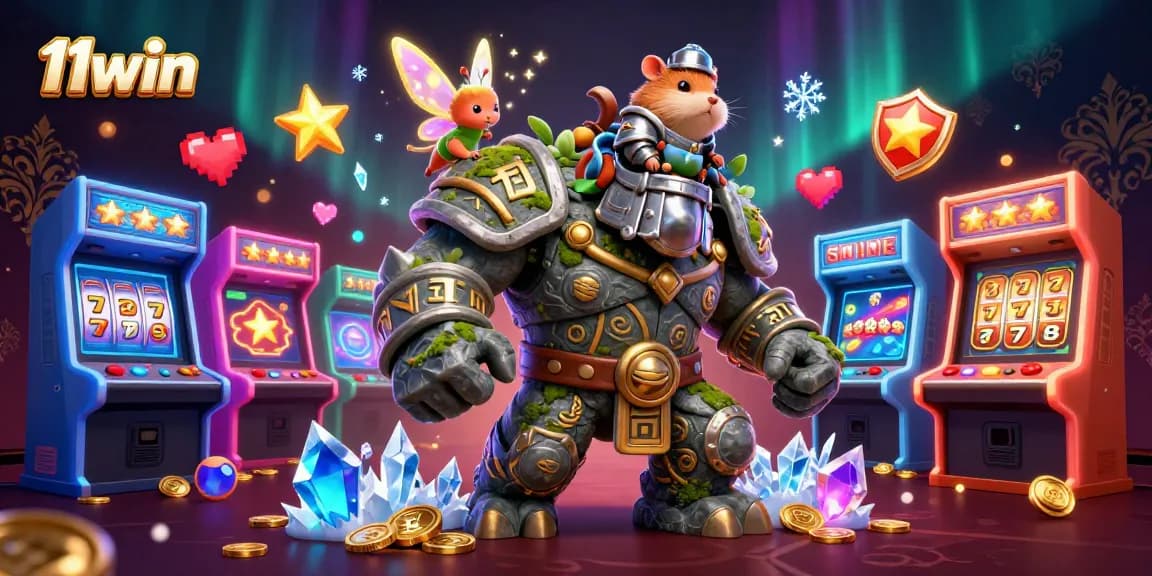 Experience thrilling gameplay at 11win with magical golems, fairies, and arcade features in a vibrant casino scene.