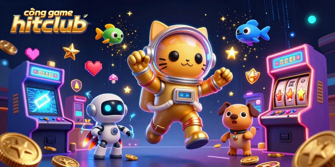 Engage with the vibrant universe of cổng game hitclub, featuring a space cat astronaut amid flashing arcade elements.
