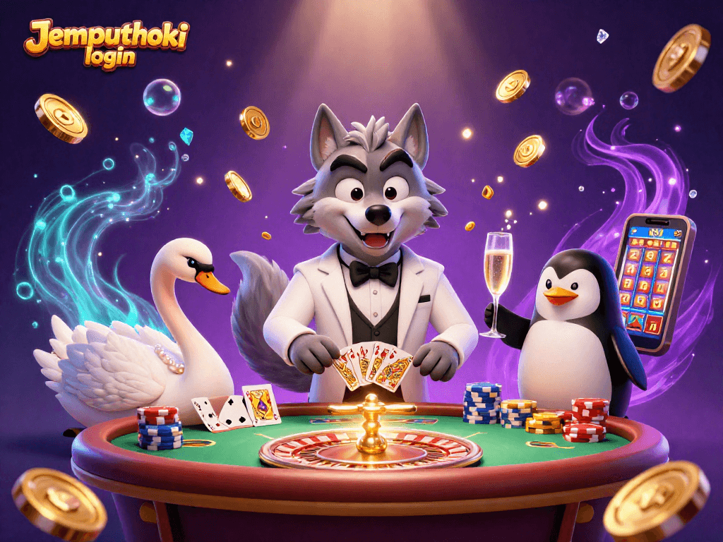 Engage with Jemputhoki login in a vibrant 3D casino scene featuring a debonair wolf and elegant characters.