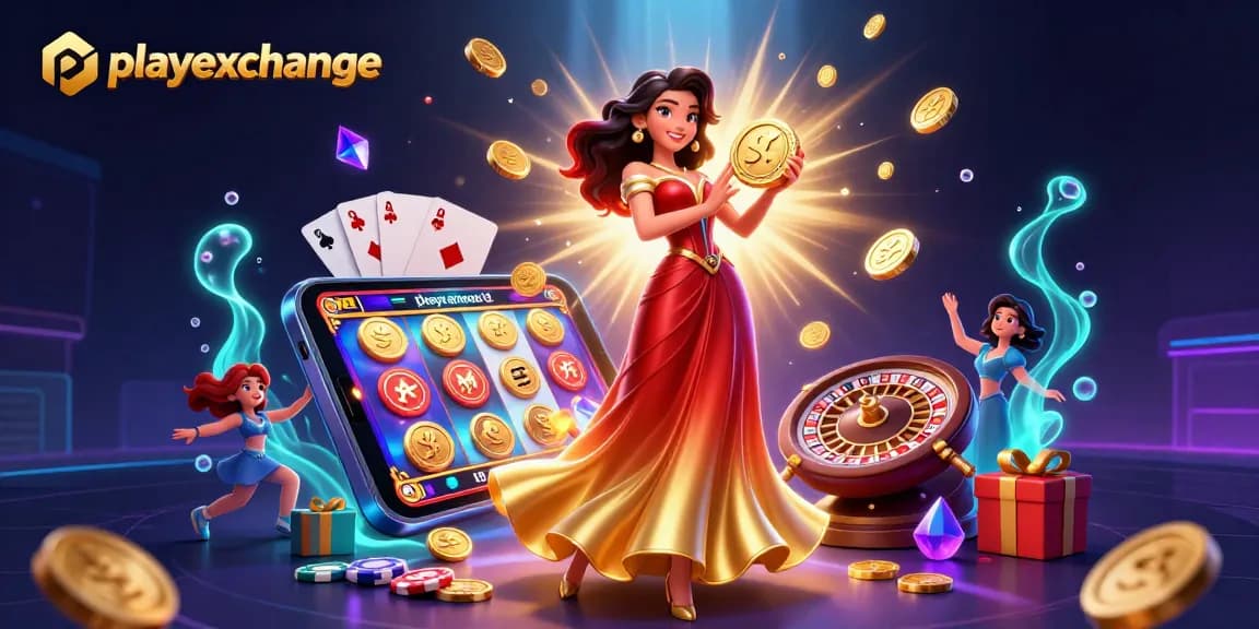 Win big with playexchange as a stunning Asian woman celebrates a jackpot with golden coins raining around her.