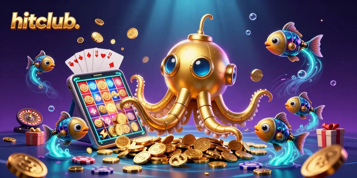 Experience the excitement of hitclub. with a vibrant 3D underwater casino scene featuring a golden kraken and colorful game elements.