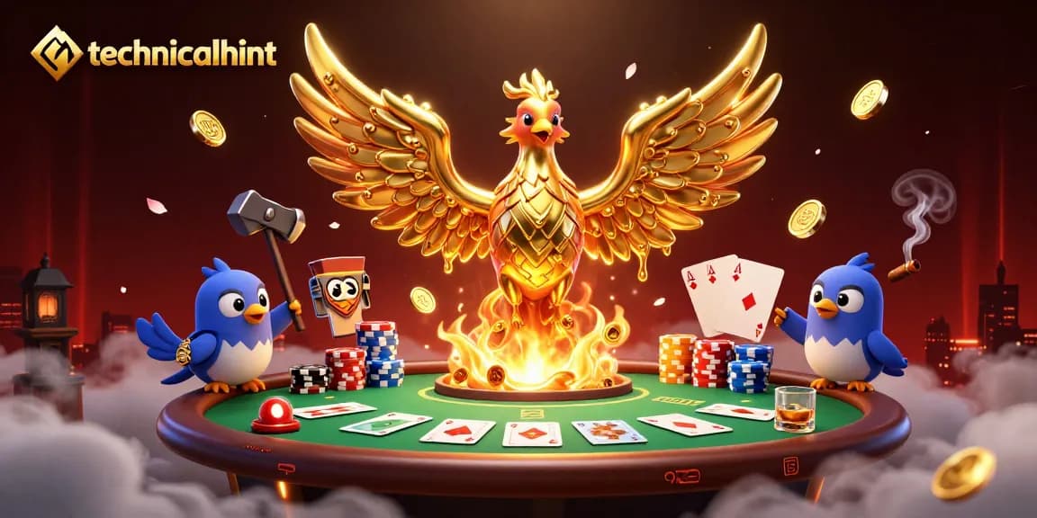 Engage with technicalhint's casino scene featuring a molten golden phoenix, poker elements, and a vibrant atmosphere.