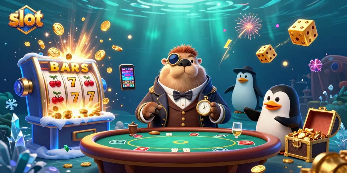 Join the jolly walrus at a vibrant slot game table in this energetic scene.