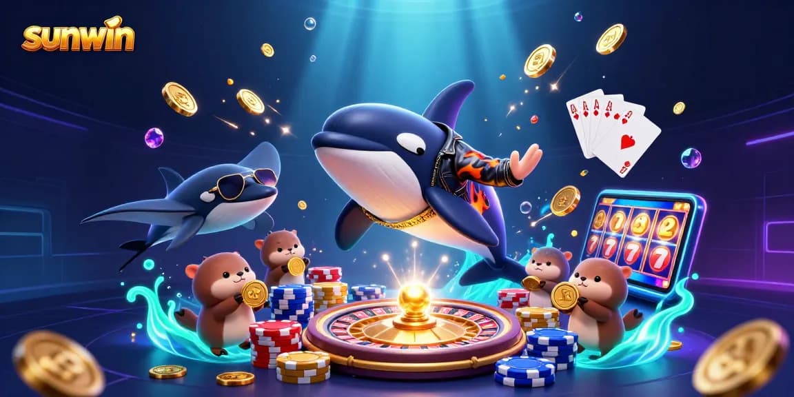 sunwin players experiencing thrilling games with an orca, stingray, and otters amidst coins and excitement