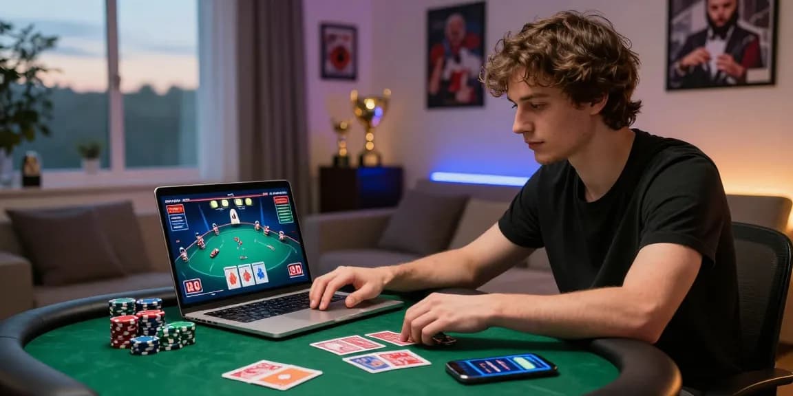 Situs Poker Online Resmi Domino88 player enjoying online poker in a cozy home setup.