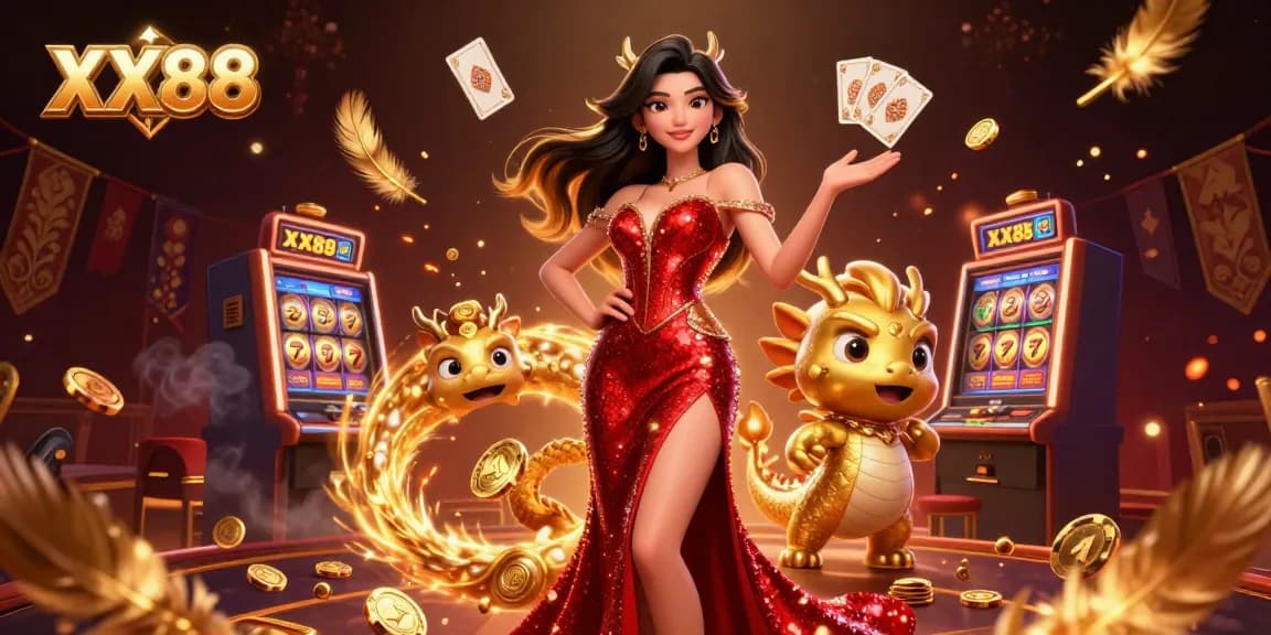Experience thrilling casino action with XX88's vibrant 3D illustration featuring a stunning Asian woman, golden dragon, and dynamic slot elements.