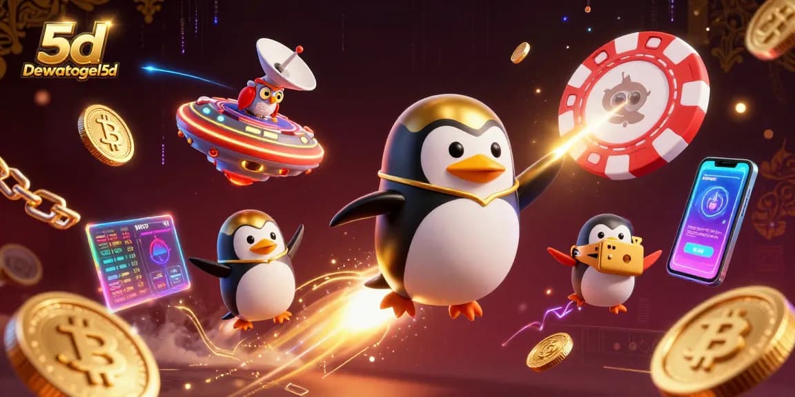 Engage with the action of Dewatogel 5d, featuring a golden penguin racing towards a casino chip.