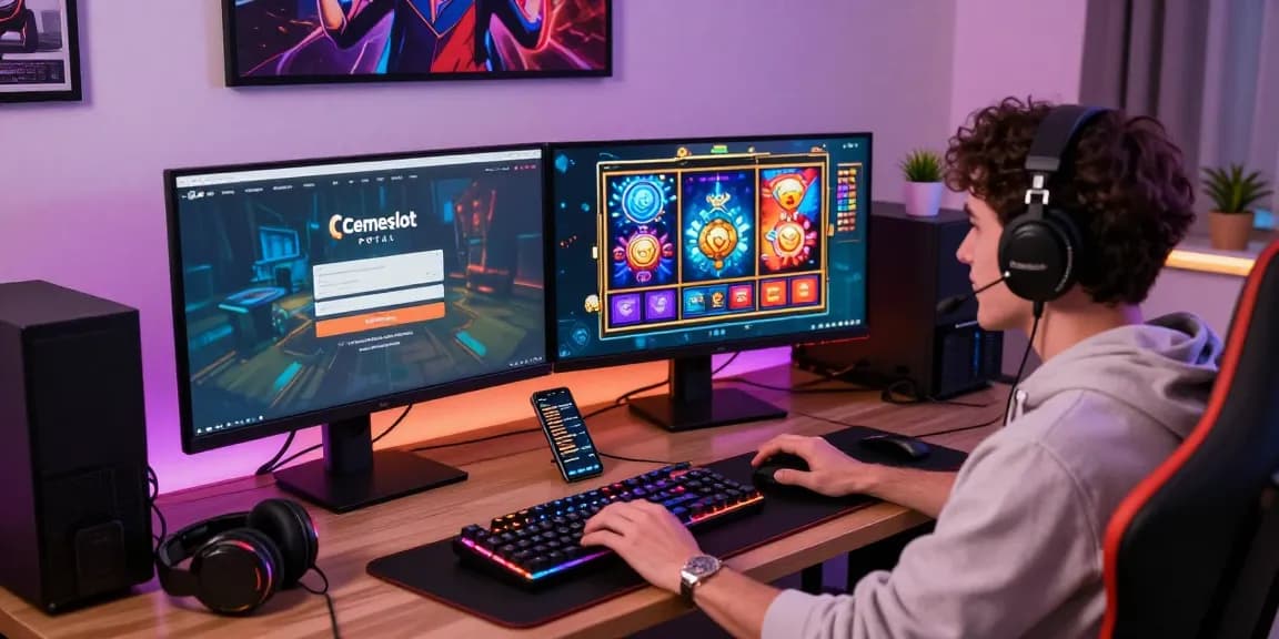 Engaged player experiencing the Login Cemeslot Resmi portal in a stylish gaming setup, showcasing vibrant game graphics and interactive features.