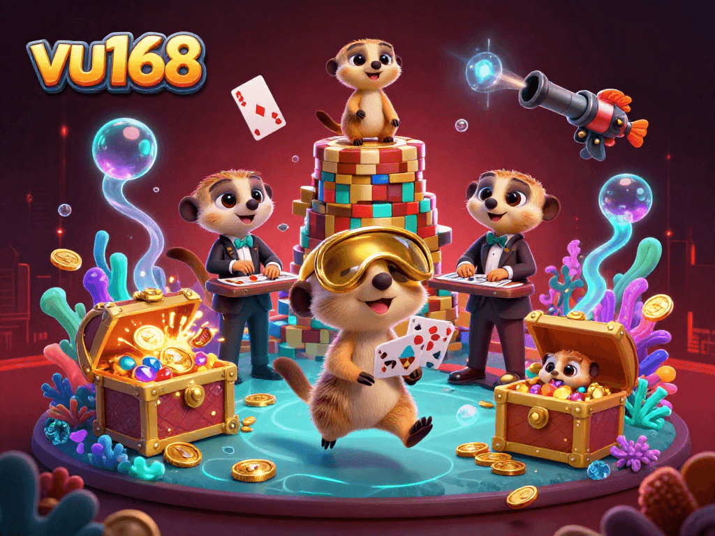Experience thrilling casino action with vu168, featuring animated meerkats in a vibrant underwater scene.