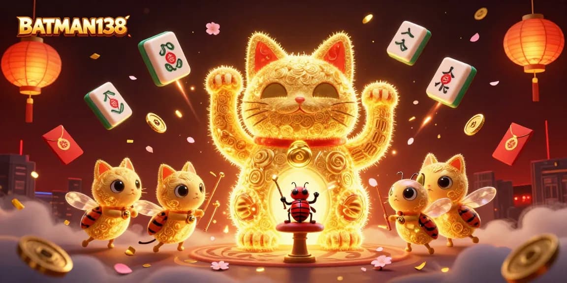 Experience BATMAN138’s dynamic casino action with a vibrant lucky cat symbolizing luck and fortune.