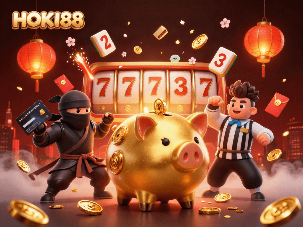 Engage with HOKI88's thrilling 3D casino scene featuring a sumo wrestler and vibrant elements.