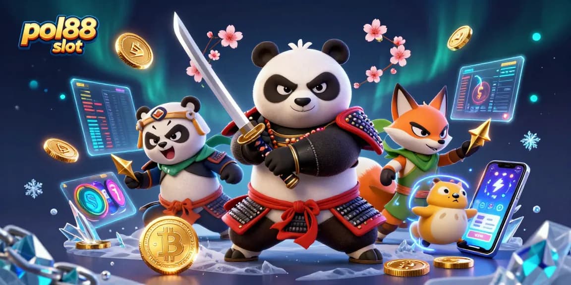 Menangkan permainan slot pol88 dengan karakter panda samurai dan ninja rubah dalam ilustrasi 3D menarik.