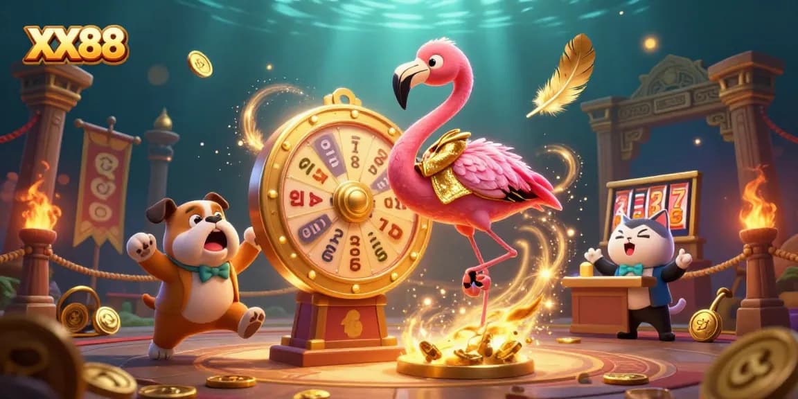 Experience thrilling games at XX88 with a flamingo host, excited bulldog, and vibrant casino elements.
