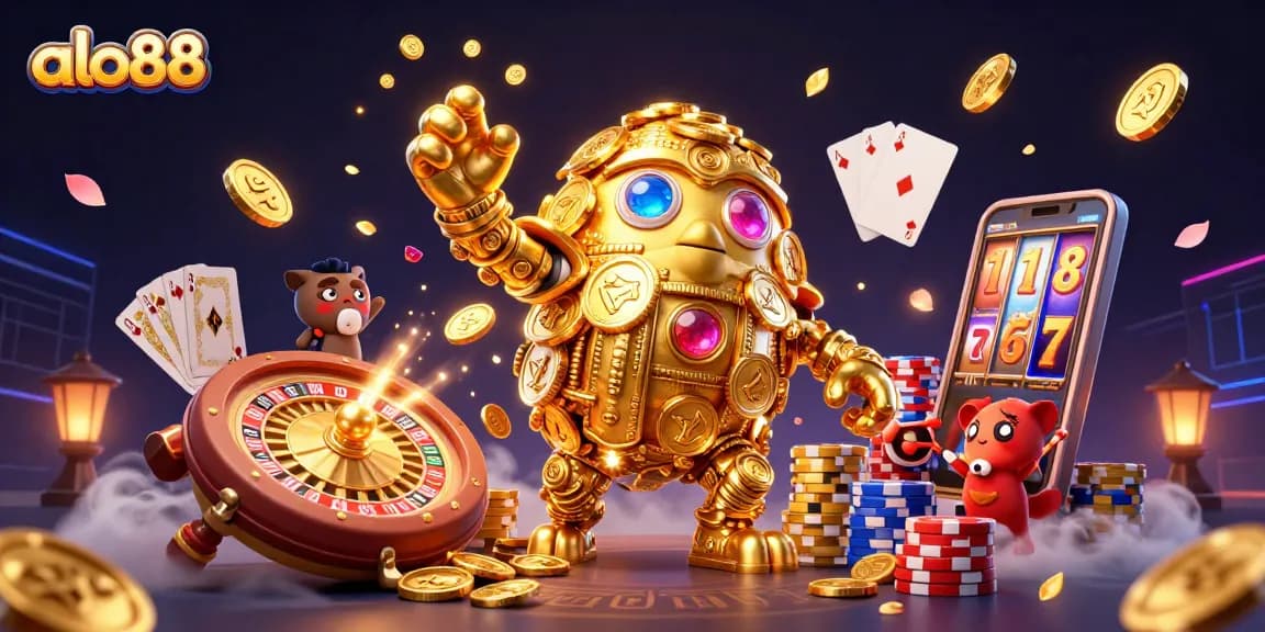 Experience exciting gaming adventures at alo88 with vibrant CGI of a golden golem and casino elements.