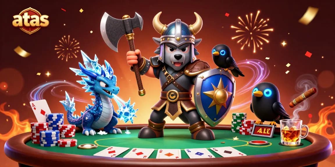 Engage with the rich gaming atmosphere at atas as a Viking warrior faces off while celebrating a poker victory.