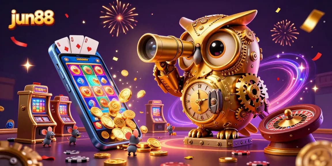 Experience the thrill of jun88 with a dynamic gaming scene featuring a golden owl and scattered gambling elements.