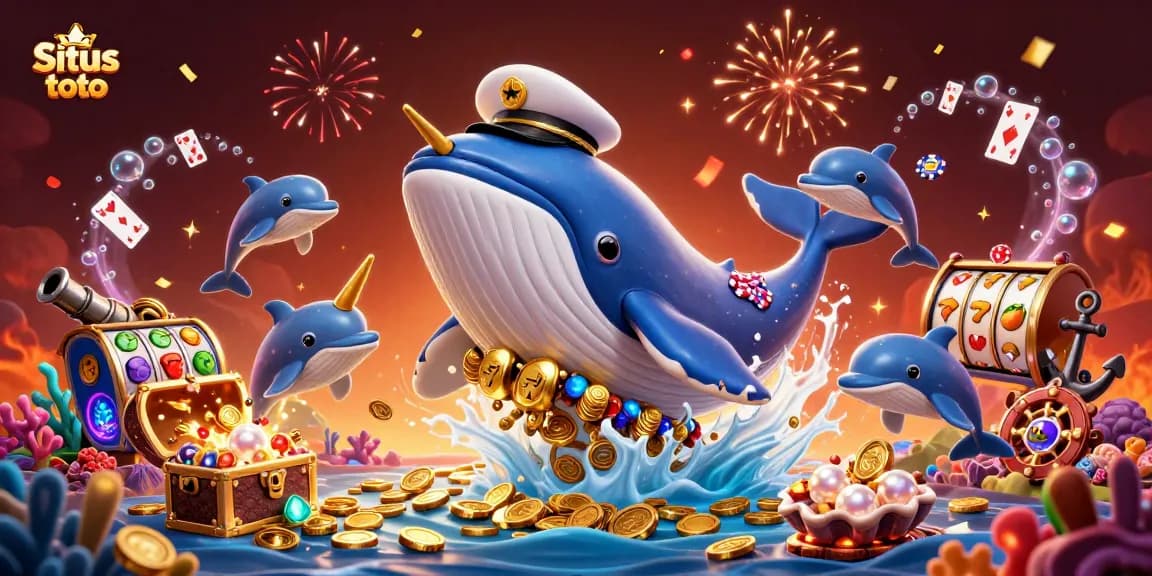 Situs toto engaging players with a vibrant scene of a cartoon whale, narwhal, and dolphins amidst slot symbols and festive riches.