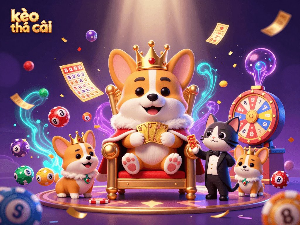 Engage with kèo nhà cái through a vibrant scene of a royal corgi on a poker chip throne, showcasing thrilling casino elements.