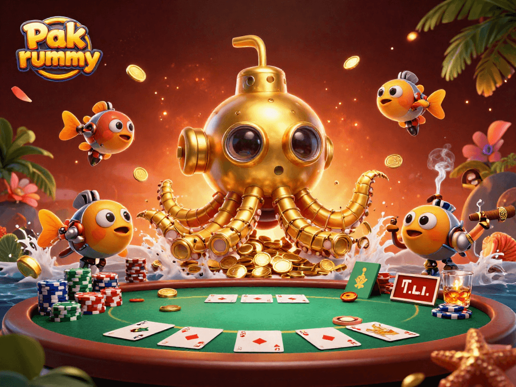 Experience Pak rummy with players at a vibrant poker table amidst gold coins and dynamic gaming elements.