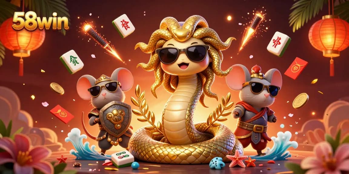 Experience gaming excitement with 58win’s vibrant characters and festive elements in a rich casino scene.