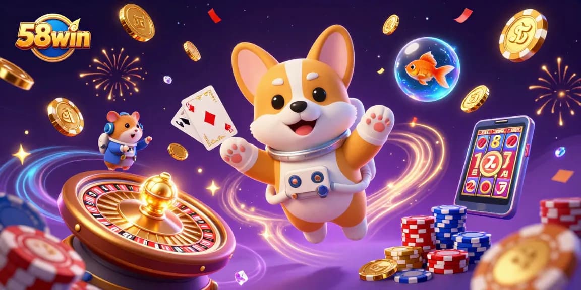 58win gaming scene showcases a playful astronaut corgi amidst casino elements, creating a vibrant atmosphere.