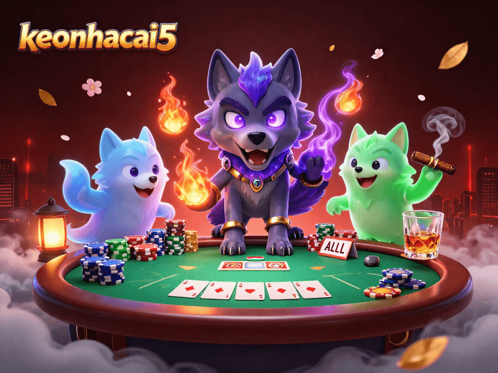 Experience the thrilling energy of keonhacai5 with spectral wolves and a vibrant poker scene.
