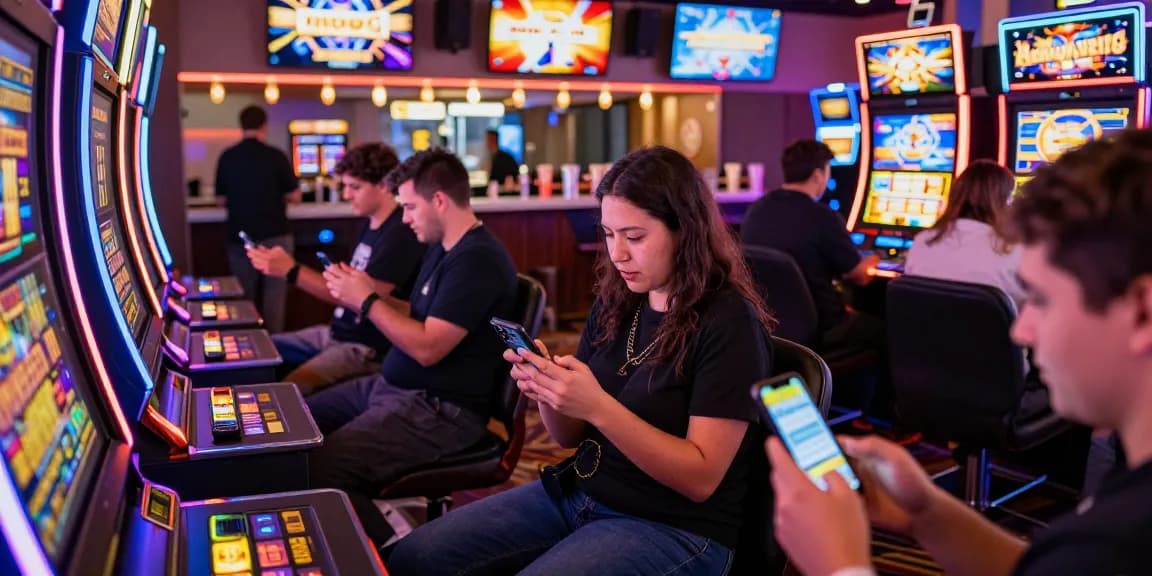 Pussy888 Apk download scene in an energetic casino gaming environment with players on smartphones.