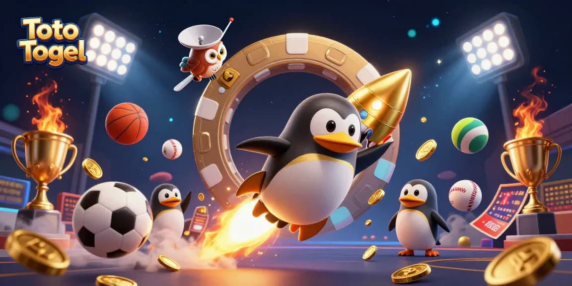 Toto Togel memberikan energi perjudian yang aktif dengan penguin emas roket dan elemen olahraga dinamis.