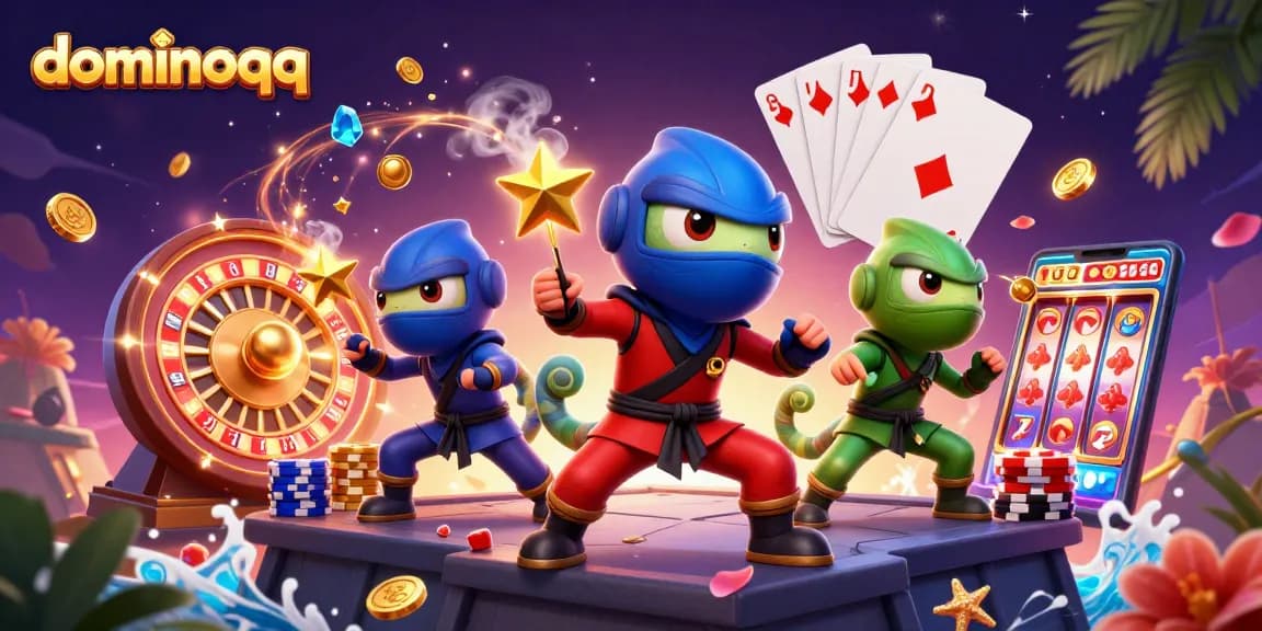Experience thrilling gameplay with dominoqq as ninja chameleons perform at a vibrant casino scene.