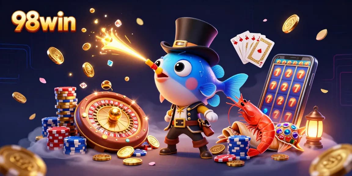 Play exciting games at 98win with our vibrant illustration of winning characters and dynamic casino elements.