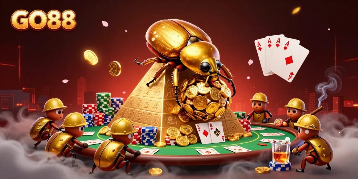 Engage in thrilling gameplay on GO88 with golden coins, poker chips, and vibrant casino symbols.
