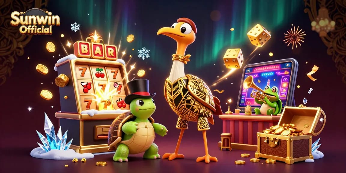 Play slots and win big with Sunwin Official at this vibrant casino illustration featuring unique characters.