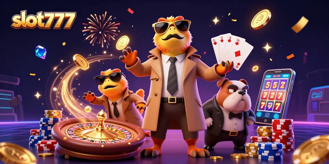 Experience excitement with slot777 as cartoon raptors sneak into a VIP casino lounge amidst falling coins.