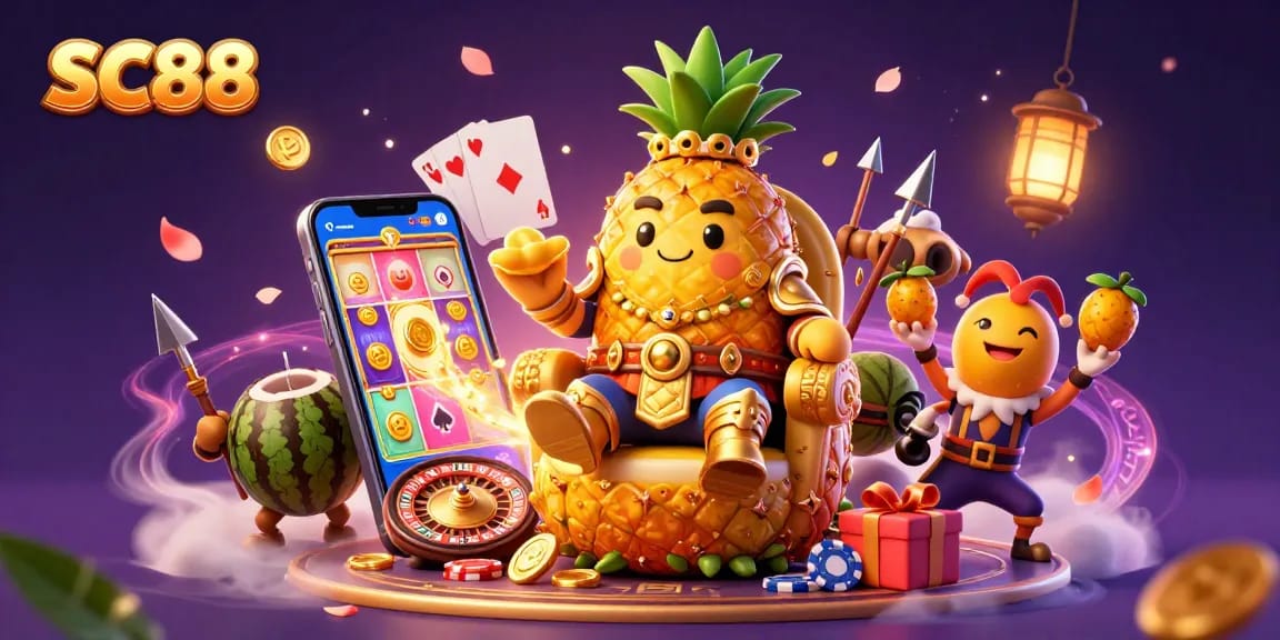 SC88's tropical casino scene with a golden pineapple king and vibrant gaming elements.