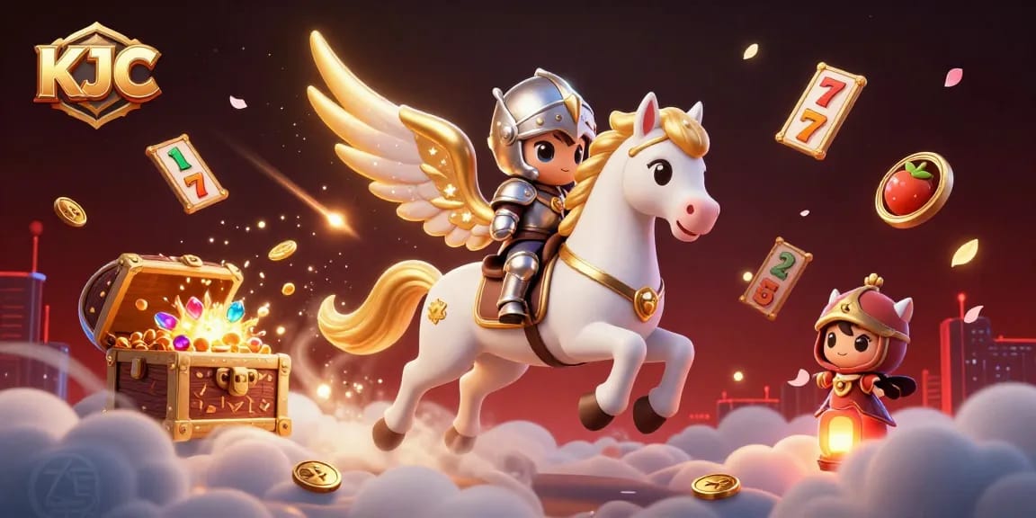 KJC players enjoying thrilling slot games with a celestial horse and knight in a vibrant casino illustration.