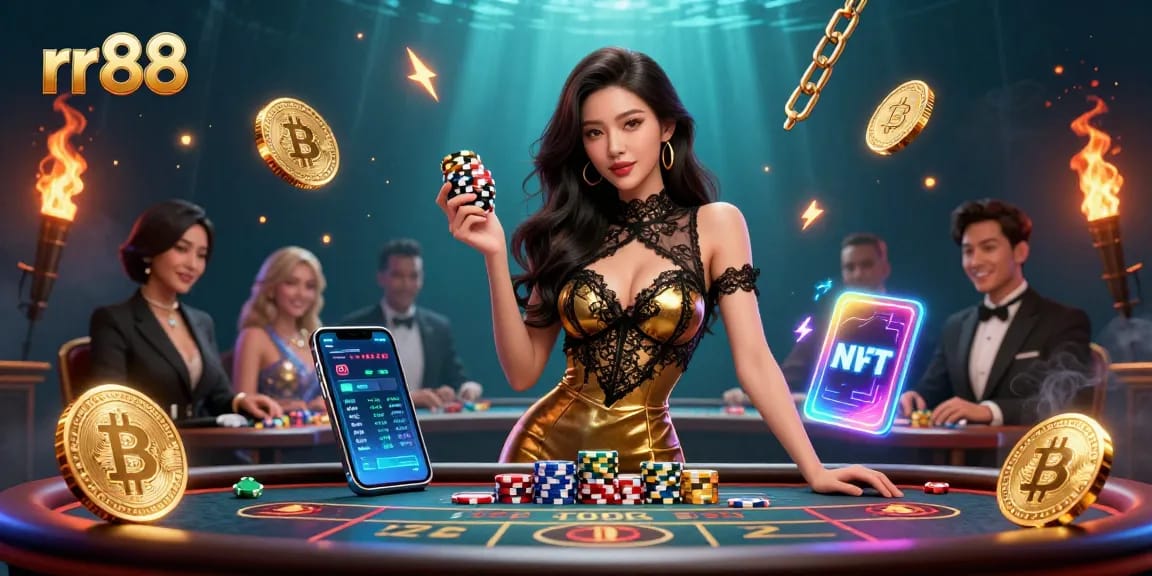 Experience high-stakes gameplay at rr88 with a glamorous Asian woman at a VIP casino table.