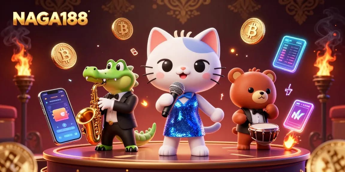 NAGA188 menyuguhkan ilustrasi kasino menarik dengan karakter kucing penyanyi jazzy dan koin crypto berkilau.