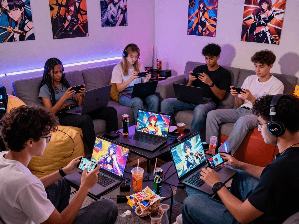 Exciting group playing hentai games on devices in cozy living room.