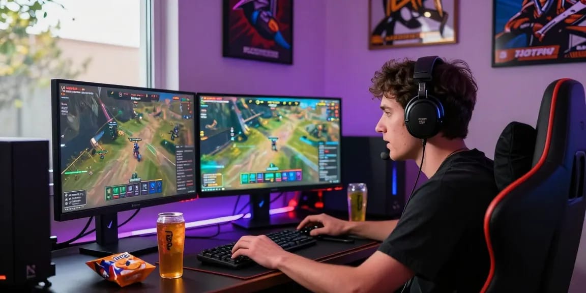 Engaged gamer at a B52 gaming setup with vibrant LED lights and dual monitors.