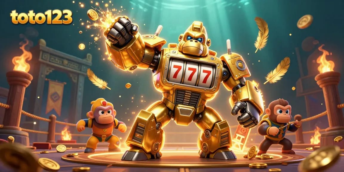 Experience thrilling gameplay at toto123 with a dynamic 3D illustration of a golden gorilla mech.