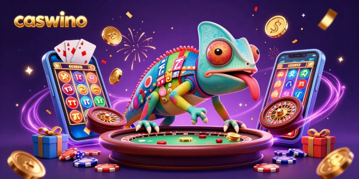 Engage with caswino's vibrant casino scene featuring a magical chameleon owner and dynamic game elements.