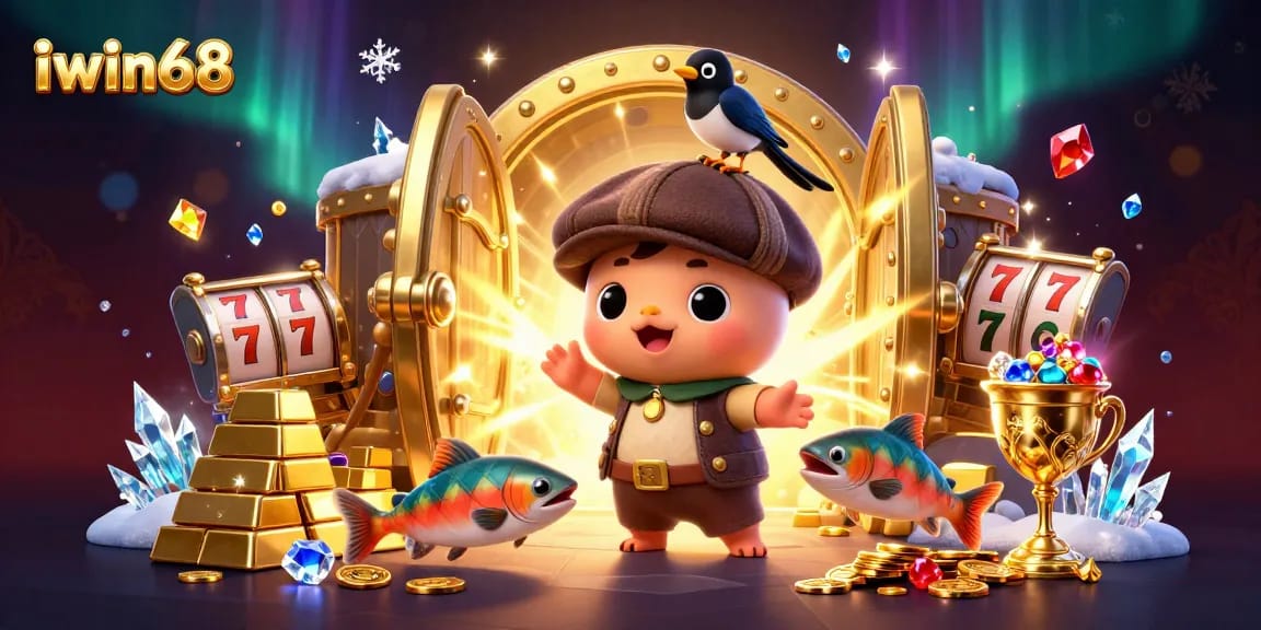 Join the winning excitement at iwin68 with this vibrant gambling-themed illustration showcasing a playful baby Nessie surrounded by treasures.