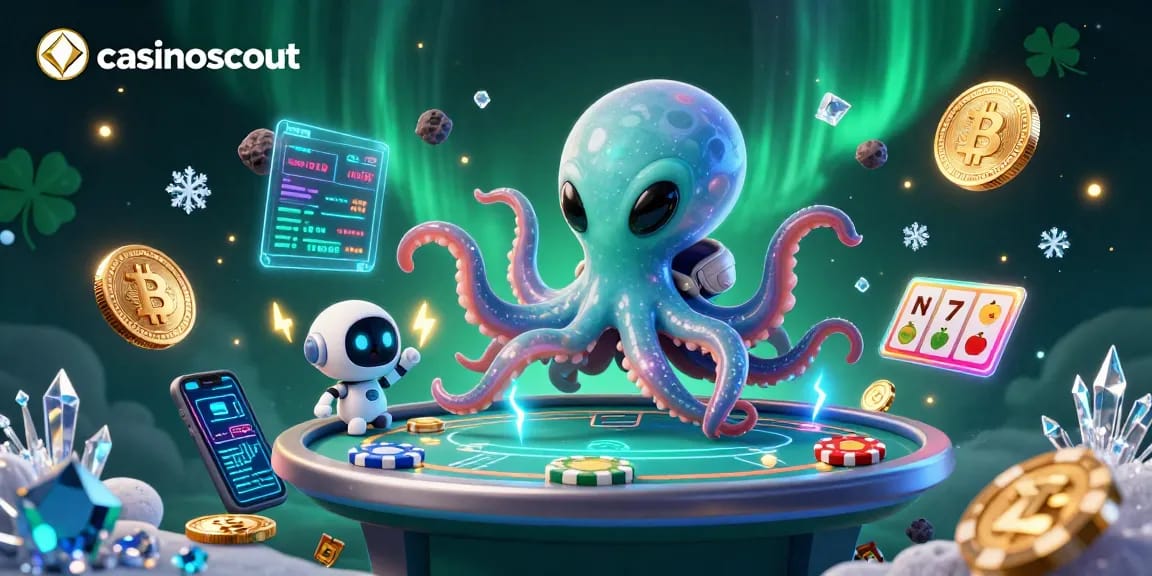 Engage with casinoscout's cosmic casino scene featuring a fun alien octopus and poker elements.