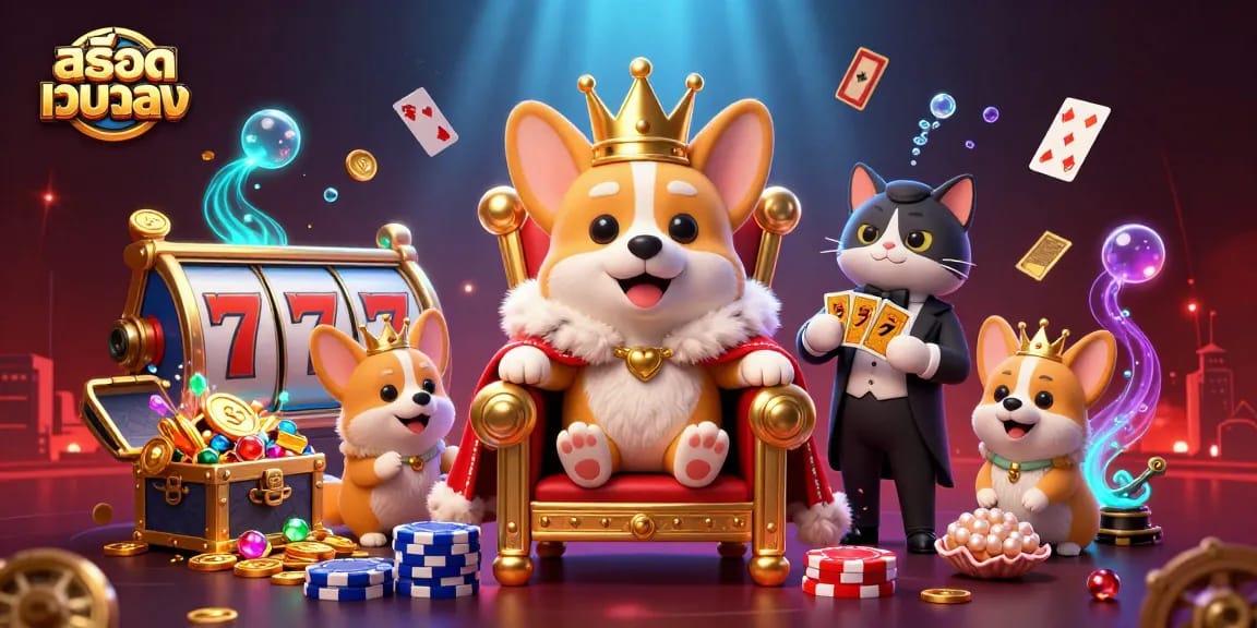 Spin to win on สล็อตเว็บตรง with a royal corgi surrounded by treasures and gaming elements.